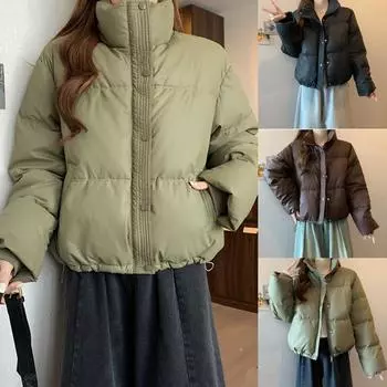 Осень и зима новая женская одежда мода воротник-стойка темперамент короткая завязка теплая хлопковая куртка с подкладкой M чёрный