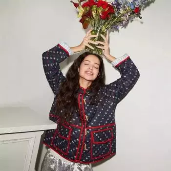 Осень и зима новая женская одежда мода цветочные сращивания хлопковая куртка контрастный цвет подгибки маршрут хлопковая куртка S тёмно-синий