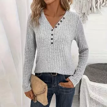 Осень и зима Новая женская одежда V-образный вырез на пуговицах однотонная футболка с длинными рукавами женская L светло-серый