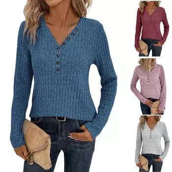 Осень и зима Новая женская одежда V-образный вырез на пуговицах однотонная футболка с длинными рукавами женская L светло-серый