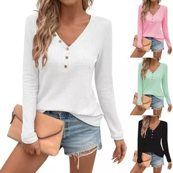 Осень и зима Новая женская одежда V-образный вырез на пуговицах однотонная футболка с длинными рукавами женская L чёрный