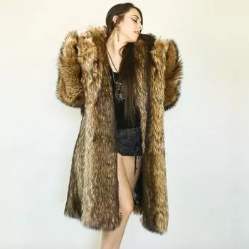 Осень и зима новая женская шуба из искусственного меха енота, длинное пальто, модная повседневная ветровка, большая 6XL