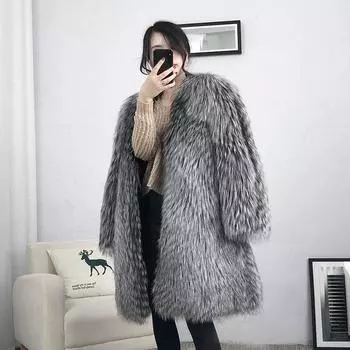 Осень и зима новая женская шуба из искусственного меха лисы длинное пальто повседневная куртка шуба зимний тренчкот S