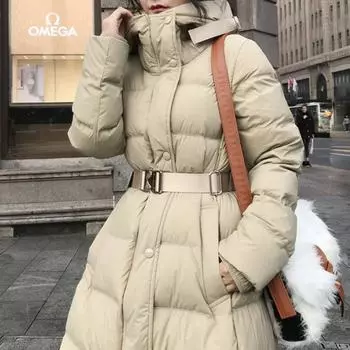 Осень и зима новинка 90-х годов белая утиная пуховая куртка женская тонкая и тонкая плюс длинный пояс на колене утолщенное пальто прилив S 85-55kg хаки