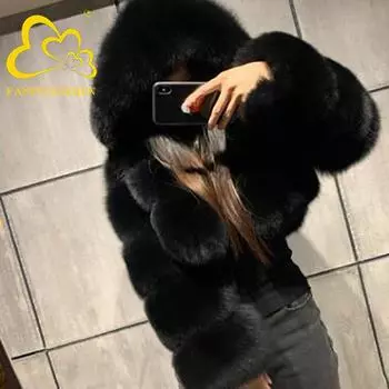 Осень и зима, новинка, европейская и американская короткая меховая куртка с капюшоном, искусственное лисье ворсовое короткое женское пальто с длинными рукавами S белый