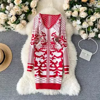 Осень и зима, новинка Европы и США, сексуальное трикотажное платье с длинными рукавами и v-образным вырезом в тонком принте, облегающее бедра