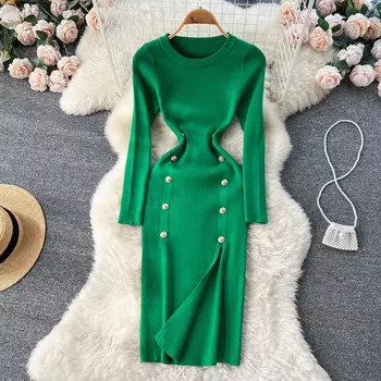 Осень и зима, новинка Европы и США, тонкое, тонкое, двубортное, с открытой талией, вязаное платье на бедрах