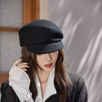 Осень и зима, новинка Интернет-знаменитости, ветровая плиссированная шерстяная шапка, женская осенне-зимняя ретро-универсальная рыцарская шляпа, конная шляпа Average size (53-58cm) чёрный