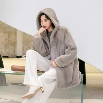 Осень и зима, новинка, искусственная шуба из норки, женская шуба из цельной норки с капюшоном, средняя длина, модная, молодая S чёрный