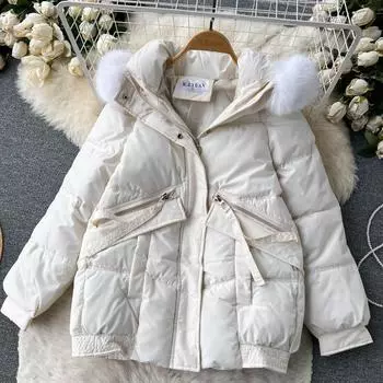 Осень и зима, новинка, корейская версия свободного пухового хлопкового пальто с большим меховым воротником для пожилых людей