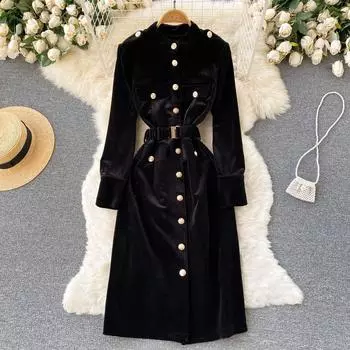 Осень и зима, новинка, маленькое бархатное платье с талией и однобортным воротником, облегающее талию, для пожилых людей, с чувством света для взрослых S чёрный