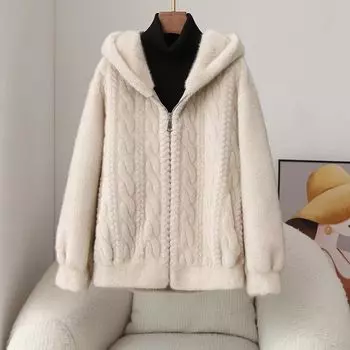 Осень и зима, новинка, шуба из норкового бархата, женская, короткая, с капюшоном, экологически чистый мех, интегрированная шуба из норкового бархата, мех S 100-57.5kg