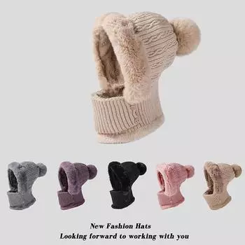 Осень и зима Новинка Жареное тесто Twists Полосатая вязаная шапка с воротником Цельный плюшевый комплект Теплая защита ушей Защита шеи Холодная шапка чёрный