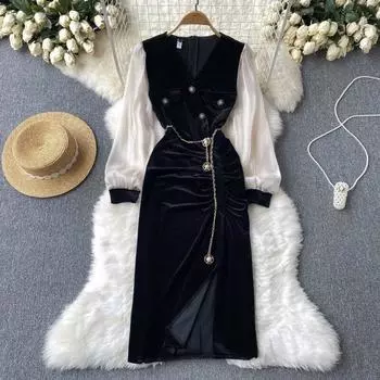 Осень и зима, новое чувство дизайна, V-образный вырез, сетка в мелкую клетку, плиссированное хип-платье с открытой упаковкой