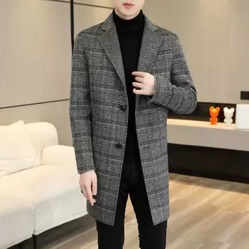Осень и зима Новое двухстороннее шерстяное пальто ручной работы Мужское среднее и длинное шерстяное пальто с воротником в клетку Двустороннее шерстяное пальто Тренчкот Мужское пальто M светло-серый