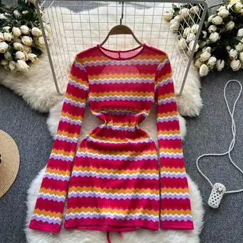 Осень и зима новое европейское и американское ветровое платье в полоску с цветными блоками сзади и полой шнуровкой на бедрах