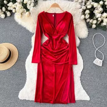 Осень и зима, новое французское золотое бархатное платье с v-образным вырезом и нерегулярной талией, тонкое платье на бедрах