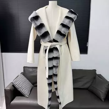 Осень и зима новое кашемировое пальто женское длинное на шнуровке тонкое двухстороннее пальто с капюшоном из меха кролика Рекс one size fits all чёрный