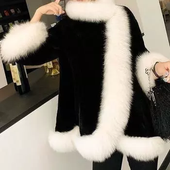 Осень и зима новое кожаное пальто женское имитация норки бархат утолщенный теплый плюшевый шаль накидка тонкое пальто средней и длинной длины S recommended weight within 50 kg