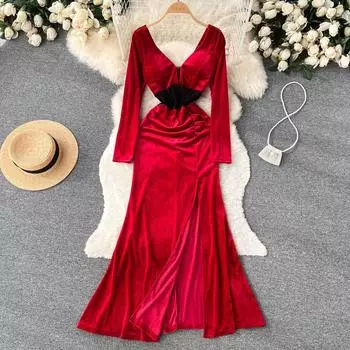 Осень и зима новое легкое зрелое ветровое кружевное платье с v-образным вырезом и бархатным облегающим платьем с разрезом на бедрах, тонкое платье-рыбий хвост