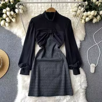 Осень и зима, новое маленькое платье трапециевидной формы с высоким воротником и талией, искусственный ветер, из двух предметов, в клетку