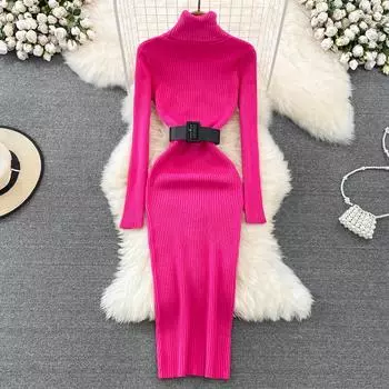 Осень и зима, новое модное темпераментное теплое трикотажное платье с высоким воротом и утепленным низом One Size чёрный