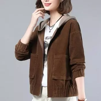 Осень и зима Новое модное вельветовое пальто с капюшоном, женское свободное пальто с длинными рукавами, кардиган, пальто большого размера M кофейный
