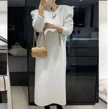 Осень и зима новое мягкое и липкое трикотажное платье длинное и ленивое в стиле утягивающее и свитер универсальный пуловер пальто one size белый