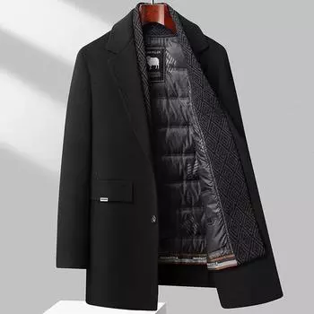 Осень и зима Новое мужское пальто из твида сшитое вручную, двусторонний костюмный воротник, подкладка из гусиного пуха, двусторонний твидовый пиджак для мужчин 170 чёрный