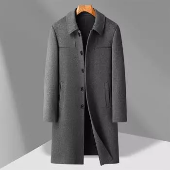 Осень и зима Новое мужское пальто Длинный тренчкот с лацканами до колена Мужское шерстяное пальто для среднего возраста в деловом стиле Пальто 170 чёрный