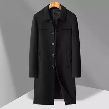 Осень и зима Новое мужское пальто Длинный тренчкот с лацканами до колена Мужское шерстяное пальто для среднего возраста в деловом стиле Пальто 170 чёрный