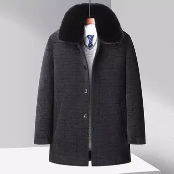 Осень и зима Новое мужское пальто из синели, повседневное деловое флисовое утолщенное пальто для папы, пальто с меховым воротником 170 серый