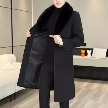 Осень и зима Новое мужское пальто Длинное однобортное пальто с меховым воротником и воротником из костюма Пальто-тренч Мужское пальто M хаки