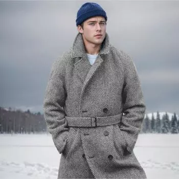 Осень и зима Новое мужское шерстяное клетчатое двубортное пальто средней и длинной длины с хлопковой подкладкой S