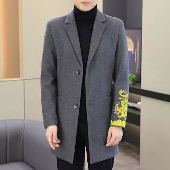 Осень и зима Новое мужское шерстяное пальто средней и длинной длины Корейская версия Приталенный шерстяной тренчкот с вышивкой дракона Трендовое шерстяное пальто M чёрный