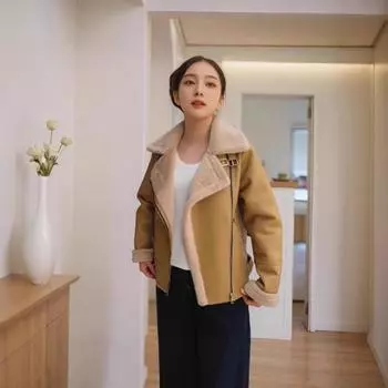 Осень и зима новое пальто из искусственной шерсти с меховой вставкой куртка женская мотоциклетная кожаная куртка Haining S хаки