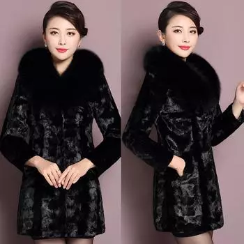 Осень и зима Новое пальто из искусственной норки Средней длины Пальто из искусственного меха Имитация лисьего воротника Комбинированная норка Женская цельная норка 6XL