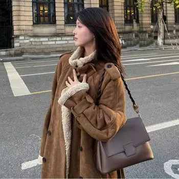 Осень и зима новое пальто утолщенное пальто средней и длинной длины свободный тренчкот из овечьей шерсти топ женский модный верблюжий цвет S верблюд