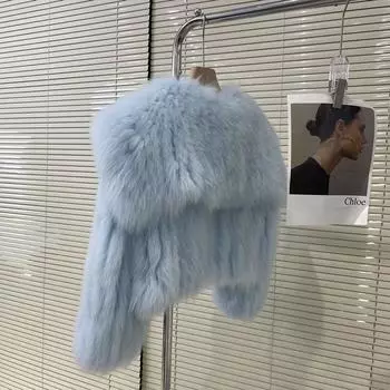 Осень и зима новое пальто женское, экологически чистый пух искусственный мех темно-синий воротник короткий светлый лисий пух Average size about 80-65kg