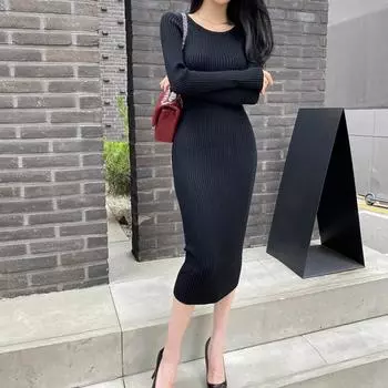 Осень и зима Новое платье-свитер с длинным рукавом Женское однотонное облегающее платье с круглым вырезом Трикотажное повседневное платье Женское элегантное модное элегантное платье 25948 One Size чёрный