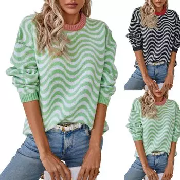 Осень и зима Новое поступление контрастного цвета вязаный свитер волнистый полосатый свитер M чёрный