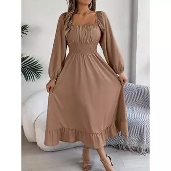 Осень и зима Новое повседневное платье с квадратным воротником и длинными рукавами, приталенное платье S чёрный