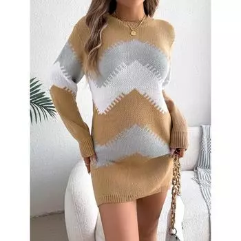 Осень и зима Новое повседневное платье-свитер в полоску с контрастным круглым вырезом и длинными рукавами (За исключением ремня) S хаки