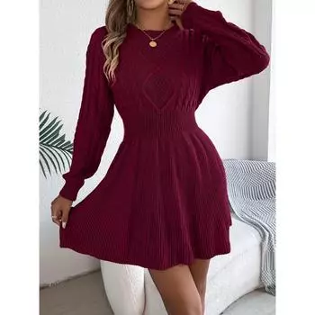 Осень и зима Новое повседневное платье-свитер с круглым вырезом и длинными рукавами и оборками S винный