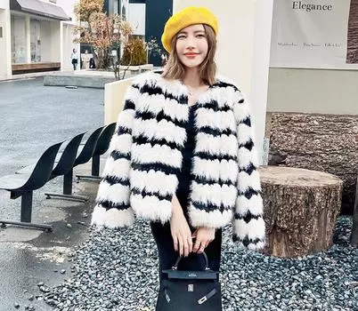Осень и зима, новое ретро черное и белое сращивание оборки края листьев искусственного меха лисы шуба женское плюшевое короткое пальто M