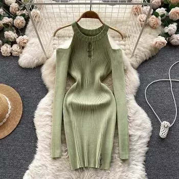 Осень и зима, новое сексуальное платье с тонкой французской талией и пряным темпераментом для девочек, без бретелек, с длинными рукавами, хип-платье