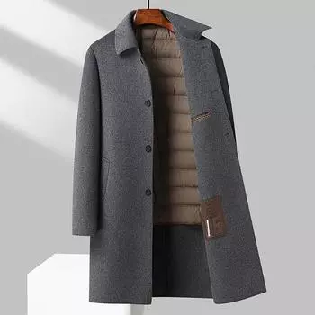 Осень и зима Новое шерстяное пальто ручной работы Мужское длинное пуховое пальто Двусторонняя шерстяная куртка M чёрный