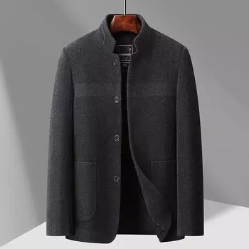 Осень и зима Новое среднее и длинное пальто с воротником-стойкой, повседневное шерстяное пальто для мужчин среднего возраста, пальто для бизнеса 170 темно серый