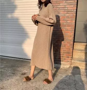 Осень и зима новое среднее и длинное трикотажное платье женское полуводолазка свободный вертикальный полосатый свитер высокого качества с длинными рукавами One Size чёрный