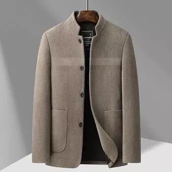 Осень и зима Новое среднее и длинное пальто с воротником-стойкой, повседневное шерстяное пальто для мужчин среднего возраста, пальто для бизнеса 170 темно серый